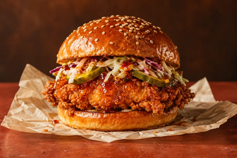 Burger de poulet croustillant au coleslaw et miel pimenté
