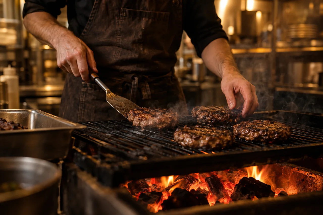 Des burgers grillent sur les braises dans la cuisine