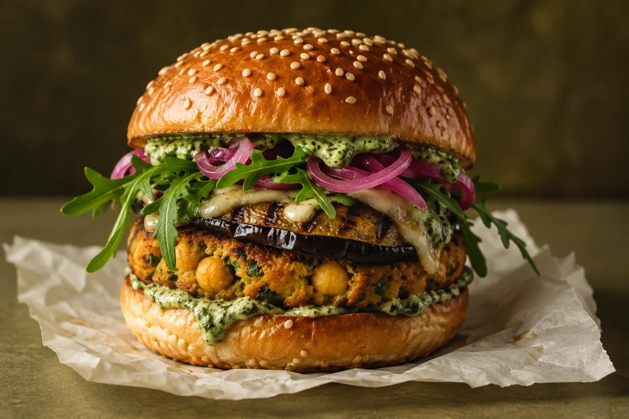 Burger végétarien aux pois chiches, aubergine et roquette
